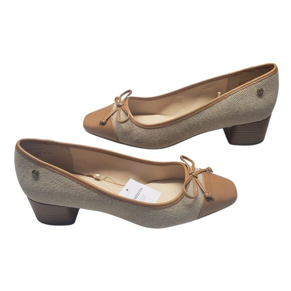 Liz Claiborne LC Fredson Women’s 11WD Block Heel Tan Canvas Faux Leather Shoe - Picture 2 of 11